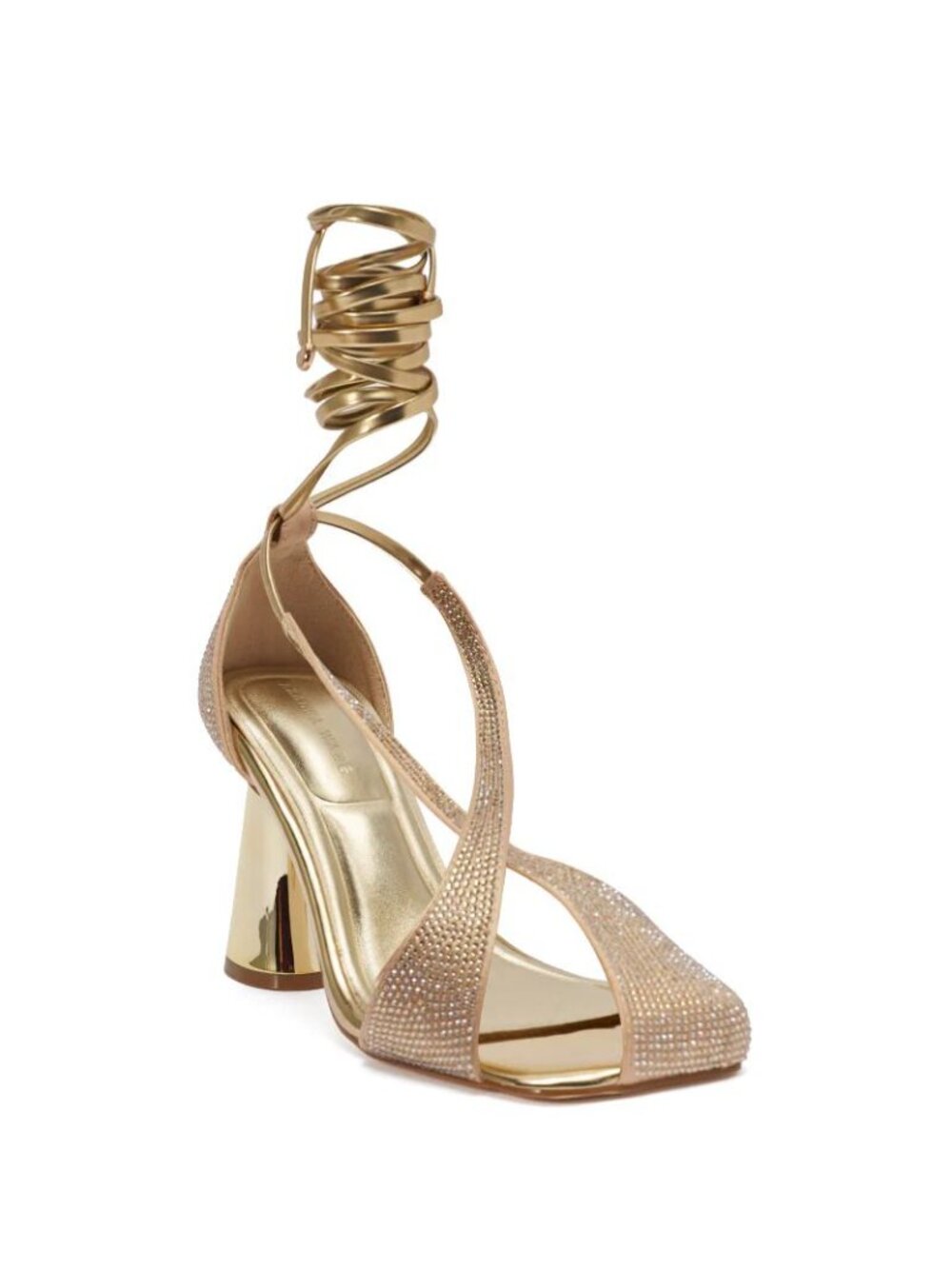 AZALEA WANG Builany Pump Sandals 7 Gold Rhinestone Lace-Up Heels Square Toe NEW - Picture 4 of 14